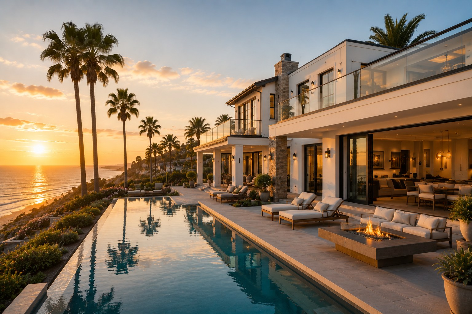 Luxury coastal home at sunset